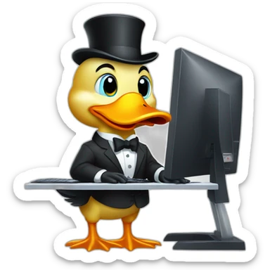 A Duffy Duck (like the one in the cartoon), dressed in a formal suit, using a computer to trade stocks with many monitors sticker