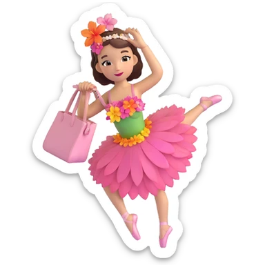 girl with a Hawaiian flower in her hair, wearing ballet heels, doing ballet with a bag sticker