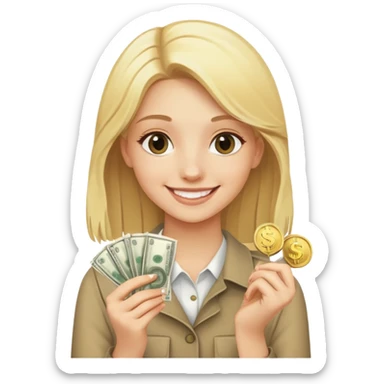 smiling blonde girl with money coins sticker