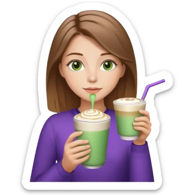 girl with brown hair blonde highlights ans green eyes drinking a lavender latte sticker