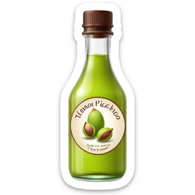 small glass bottle translucent green liquid pistachio essence, narrow neck, simple label, dark cap, vivid and slightly viscous liquid, soft lighting, emoji scale sticker