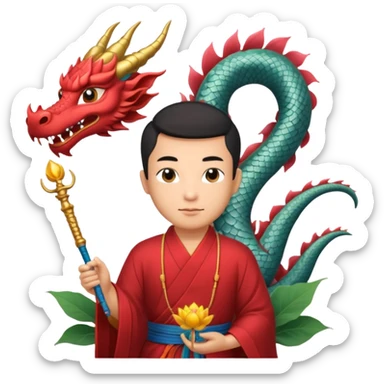 man with asian dragon, scepter, buddhism, lotus sticker