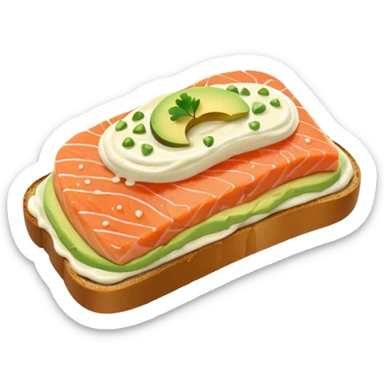 salmon open toast with white sauce and avocado sticker