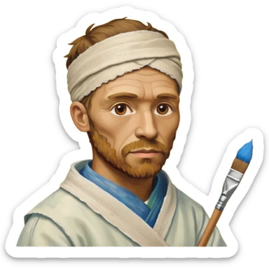 van gogh paints on a canvas. his ear is bandaged. sticker