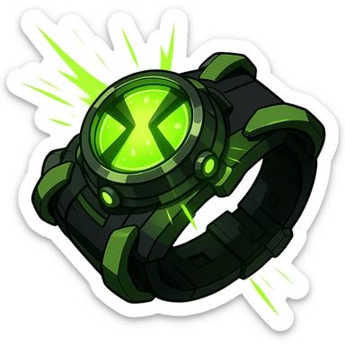 Ben 10's Omnitrix watch, detailed, green and black, glowing, dynamic pose, no text sticker