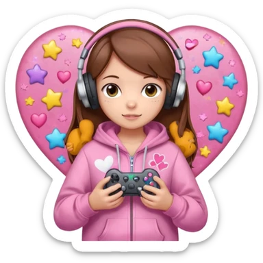 A brown-haired cartoon girl in a pink sparkly hoodie with headphones on, holding a game controller, surrounded by hearts, stars, and a puppy and kitten cuddling at her feet in chibi style  sticker