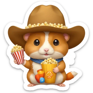 orange hamster holding pop corn, with cowboy hat sticker