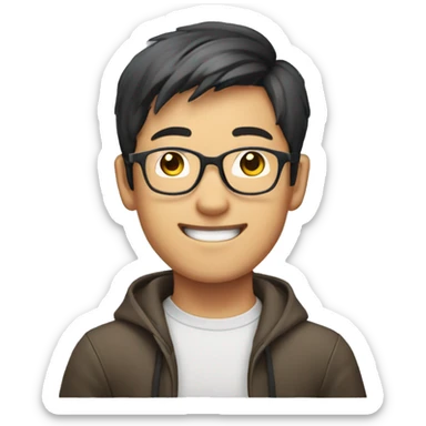 smiling young asian man who wearing glasses putting hands up sticker