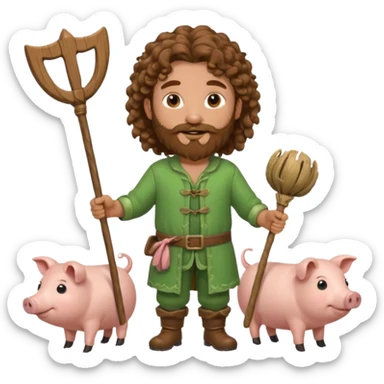 happy young shepard with long curly brown beard and long curly brown hair, in green magical outfit, with wooden shepard stick in hands, taking care of pigs sticker