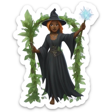 Painting of a witch in front of a leafy arch sticker
