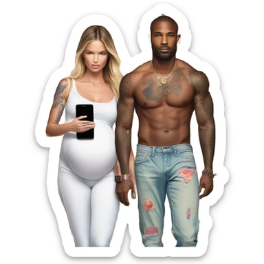 Photo of a Victoria secret model pregnant walking next to a tattooed male model on their cell phones sticker