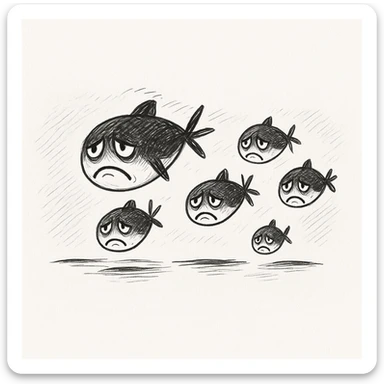 Make the colony of sad fish look even sadder with more expressive droopy eyes, deeper frowns, and a more melancholic atmosphere. The style is doodle style, hand drawn and sketchy, with a casual and informal look. sticker