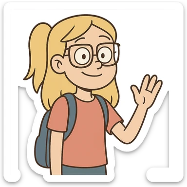 6th grade girl with blonde hair and glasses, friendly expression, cartoon style sticker