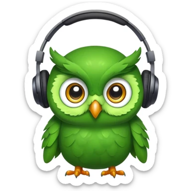 green pea wearing headphones in the style of the duolingo owl mascot with big eyes sticker