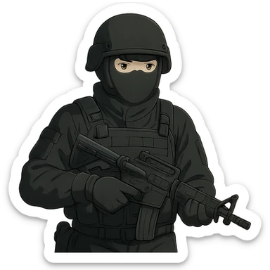 ghibli style armed figure in all-black military clothing, shiesty mask, and helmet sticker
