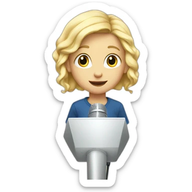 7 year old blonde kid with a conference mic sticker