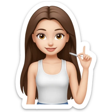a pretty bratz fair girl with straight brunette long hair, middle partition. wearing a white thin strap trap tank top, smiling, wearing light makeup. very pretty. sticker