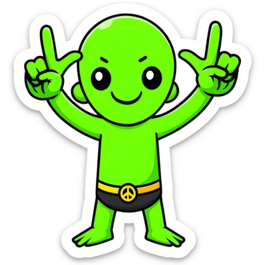 Hilarious green mutant with three arms making peace signs sticker