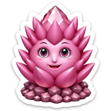 A single cute pink crystal cluster character, chunky round base with many tall rose-pink crystal spikes growing upward like a quartz cluster, faceted and slightly imperfect, on the front of the base a kawaii face with big shiny eyes and a happy open smile sticker