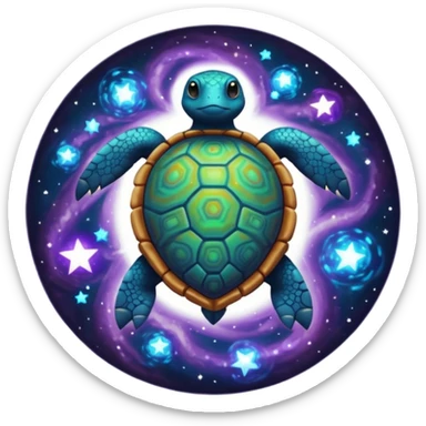 Quasar Turtle emoji – full body, massive cosmic turtle with glowing shell like a galaxy vortex, star patterns, cosmic energy aura, slight side angle sticker
