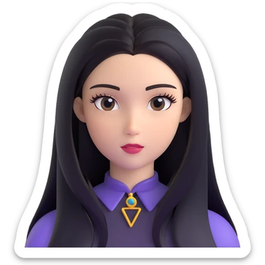 Striking character with glossy straight hair, perfect middle part, dramatic long eyelashes, and a beautiful attractive face sticker