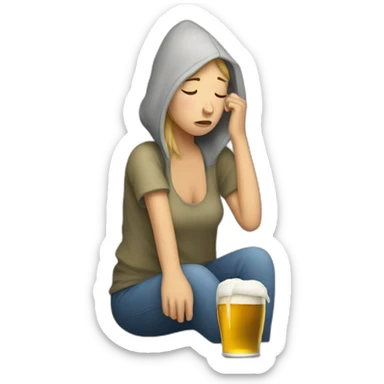Homeless caucasian woman depressed with beer sticker