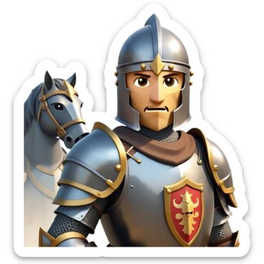 clash-of-clans-aesthetic_-cinematic-fearsome-and-majestic-knight-bust-portrait-emoji, rendered in a flat, vector-style with minimal shading and bold, simplified shapes, depicting a battle-ready medieval knight with steely eyes and intricate armor, mounted on a warhorse reflecting sunlight over a misty battlefield. sticker