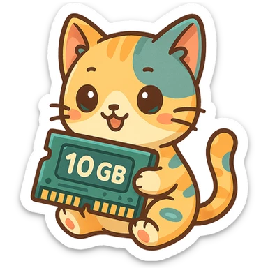 a cat with a memory chip labeled '10 GB' in a playful tech style, cute and colorful cartoon illustration sticker