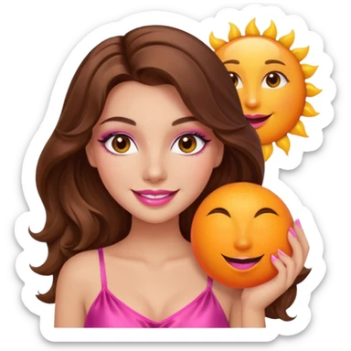 girl with long wavy brown hair, brown eyes, long lashes makeup, sexy pink lips, smiling, light to medium complexion, wearing a pink sexy silk top, holding a big sun sticker