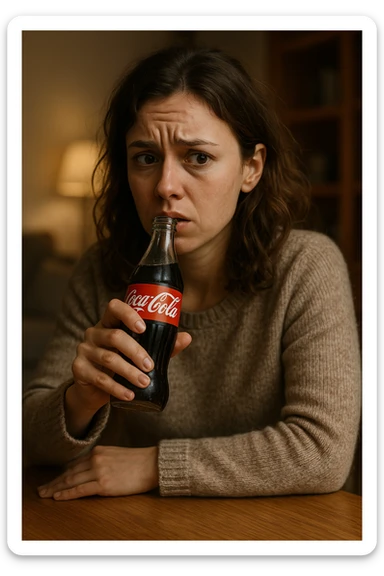 donna con ansia. Che beve coca cola. Immagini realistiche sticker