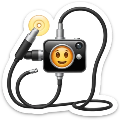 Apple emoji style icon of an endoscope. A minimalist coiled black tube ending in a glowing camera tip. Glossy, rounded sticker