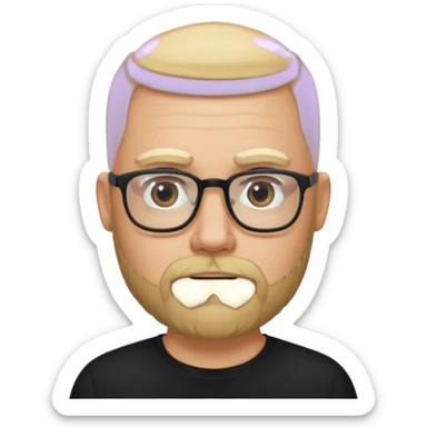 bald blonde bearded man with eyeglasses with black shirt sticker