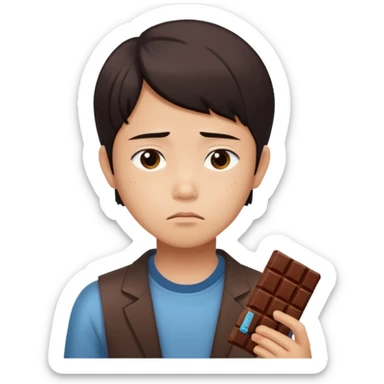 A young Asian dieter with a gloomy expression, thinking of chocolate sticker