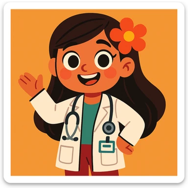 cute Mexican doctor girl, long dark hair, wearing doctor's coat, flower in hair, cheerful approachable, cartoon style sticker