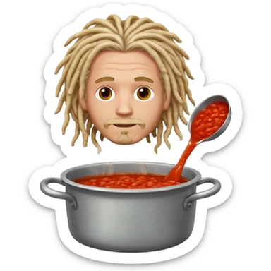 a white man with dreadlocks immersed in a pot of sauce sticker