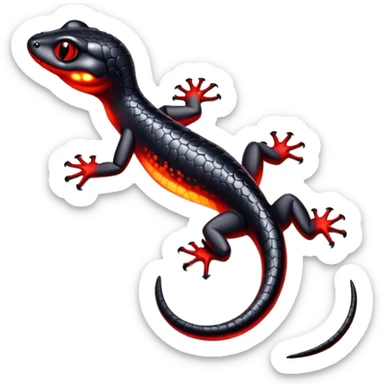 Salamander with black scales and fiery red flashes on its body, sleek and reptilian appearance sticker