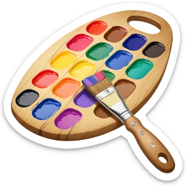 Cinematic Realistic image of a vibrant paint palette and brush, featuring a wooden palette smeared with an array of richly blended colors and a finely detailed brush with soft, delicate bristles, set against a softly textured background that evokes artistic inspiration sticker