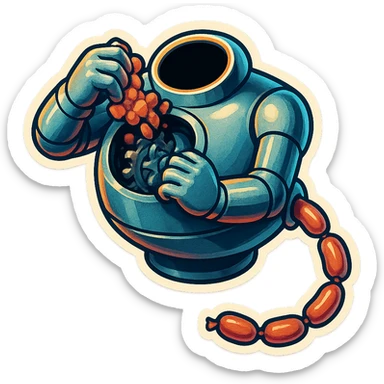 hovering robot. stuffs material into large hole on its top with 2 arms. no head. hole is where a head would be. spinning gears and blades in hole grind material. sausage links come our of hole on backside.  3/4 view. between realism and cartoon. well lit. no dramatic lighting. metallic shiny robot. works diligently. dark humor sticker