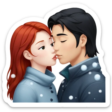 long black haired asian guy kisses redhead girl in snowstorm sticker