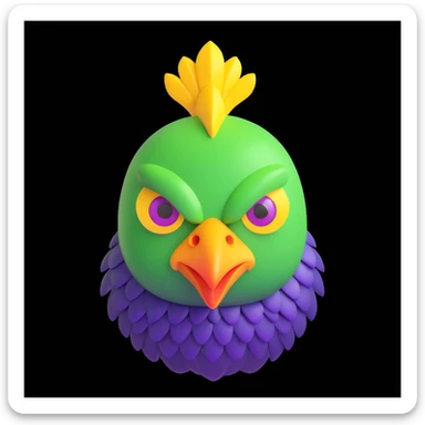 3D cartoon emoji of a chicken alien hybrid with a geometric green head, asymmetrical chicken comb, three glowing yellow eyes, metallic beak, jagged purple scales instead of feathers, toxic waste green background, clean lines, high contrast sticker