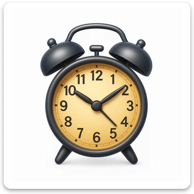 Create an alarm clock emoji that looks exactly like the reference image in iOS emoji style. The emoji should be 3D with shiny, smooth gradients, soft shadows, and a realistic classic alarm clock shape with the classic emoji look. sticker