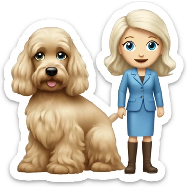 Old blue eyed blonde lady with long straight hair with dark brown Cockapoo puppy dog sticker