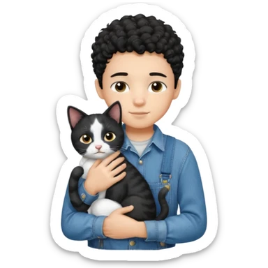 Apple emoji of a 13 year old boy with short black curly hair and dark brown eyes of light skin with denim shirt and overalls hugging a black and white cat sticker