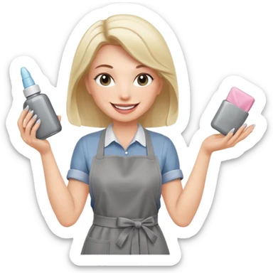 female nail master with buff and gel polish in hand in grey apron  sticker