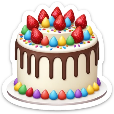 white cake with strawberries, rainbow confetti, and chocolate curls sticker