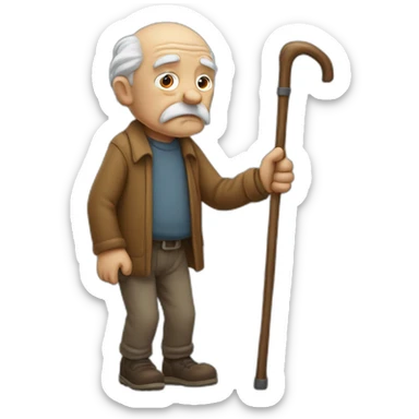 Old man leaning on a walking cane and holding his back with his hand grumpy face, detailed sticker