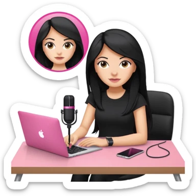 tanned long black hair woman, sat at desk with pink MacBook, podcast microphone black top and pink, sexy, glass table sticker