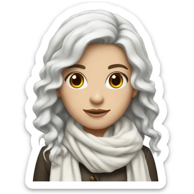 White girl with long wavy black hair and white scarf sticker
