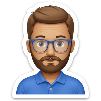 A tanned bearded man wearing glasses and a blue polo sticker