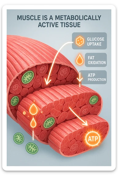 a highly detailed cross-section of human skeletal muscle fibers, shown in vibrant red and pink tones, with visible striations and realistic texture. Glowing arrows and animated icons represent active metabolic processes—such as glucose uptake, fat oxidation, and ATP production—occurring within the muscle tissue. Surrounding the muscle, floating symbols for mitochondria and energy highlight its metabolic activity. The background is clean and clinical, with subtle labels and infographics explaining that muscle is a metabolically active tissue. The overall style is modern, scientific, and visually engaging, suitable for educational or medical use. sticker